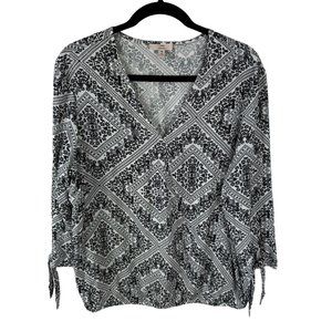 Como Vintage Blouse Top Sz Medium Black/White Print Elastic Waist V-Neck